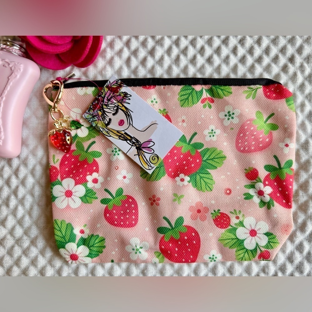 New Strawberries & Flowers Pink Makeup Cosmetic Tech Pencil Bag w/ Charm - 9.5”